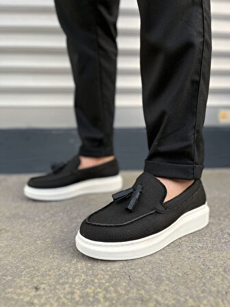 JY154 Blaze Bağcıksız Püsküllü Keten Erkek Günlük Spor Klasik Ayakkabı KBT - Siyah