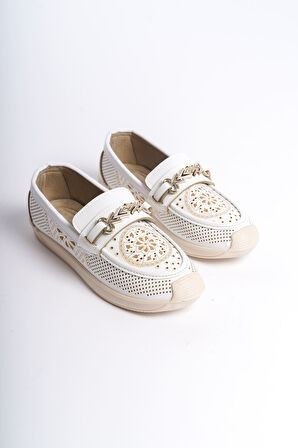 HIRA Bağcıksız Ortopedik Rahat Taban Çiçek Desenli Kadın Babet Ayakkabı KT Beyaz