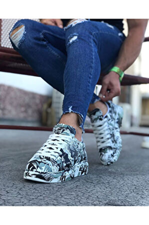 J501 Bağcıklı Siyah Renkli Baskılı Ortopedik Taban Erkek Sneaker Günlük Ayakkabı RT Çok Renkli