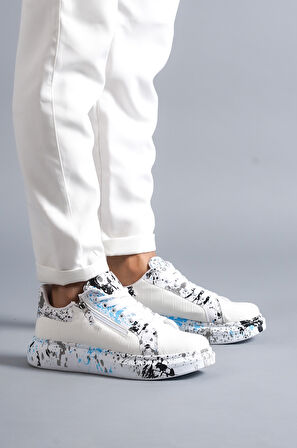 J02 Bağcıklı Timsah Desenli Mavi Baskılı Ortopedik Taban Erkek Spor Sneaker Ayakkabı BT Beyaz