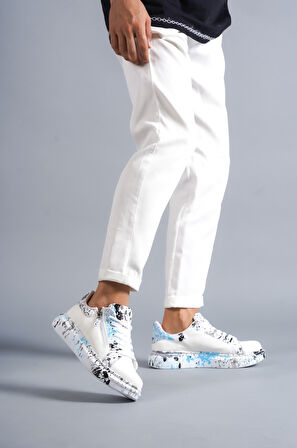J02 Bağcıklı Timsah Desenli Mavi Baskılı Ortopedik Taban Erkek Spor Sneaker Ayakkabı BT Beyaz