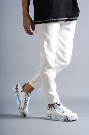 J02 Bağcıklı Timsah Desenli Mavi Baskılı Ortopedik Taban Erkek Spor Sneaker Ayakkabı BT Beyaz