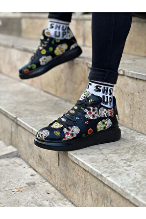J501 Bağcıklı Kurukafa Baskılı Ortopedik Taban Erkek Sneaker Günlük Ayakkabı ST Siyah