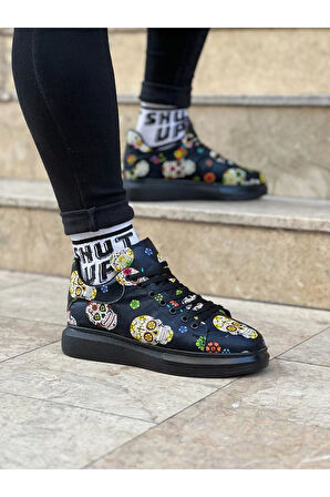 J501 Bağcıklı Kurukafa Baskılı Ortopedik Taban Erkek Sneaker Günlük Ayakkabı ST Siyah