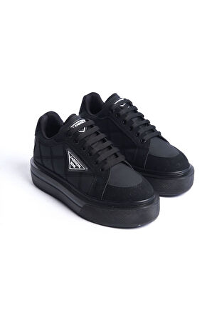 GRACE Bağcıklı Ortopedik Taban Desenli Kadın Sneaker Ayakkabı ST Siyah