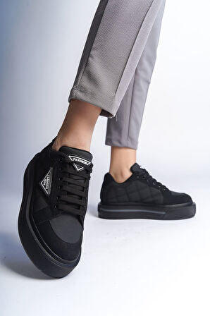 GRACE Bağcıklı Ortopedik Taban Desenli Kadın Sneaker Ayakkabı ST Siyah