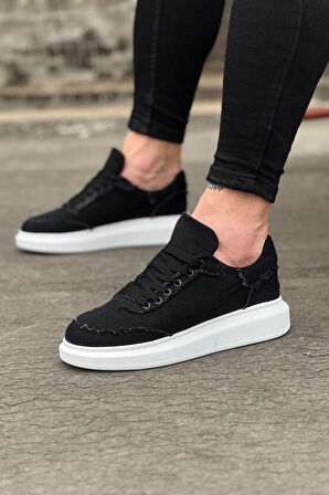 J018 Bağcıklı Ortopedik Taban Kot Kumaş Erkek Sneaker Günlük Ayakkabı BT Siyah