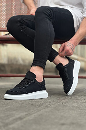 J018 Bağcıklı Ortopedik Taban Kot Kumaş Erkek Sneaker Günlük Ayakkabı BT Siyah