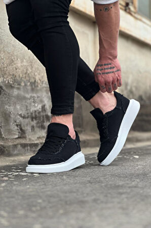 J018 Bağcıklı Ortopedik Taban Kot Kumaş Erkek Sneaker Günlük Ayakkabı BT Siyah
