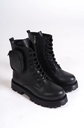 NYX Bağcıklı Fermuarlı Ortopedik Taban Suya ve Soğuğa Dayanıklı Çantalı Kadın Bot ST Siyah