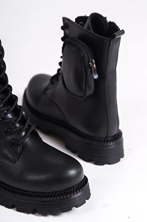 NYX Bağcıklı Fermuarlı Ortopedik Taban Suya ve Soğuğa Dayanıklı Çantalı Kadın Bot ST Siyah