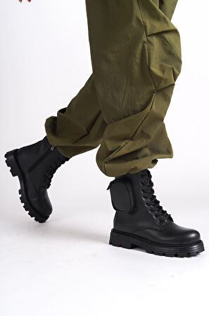 NYX Bağcıklı Fermuarlı Ortopedik Taban Suya ve Soğuğa Dayanıklı Çantalı Kadın Bot ST Siyah