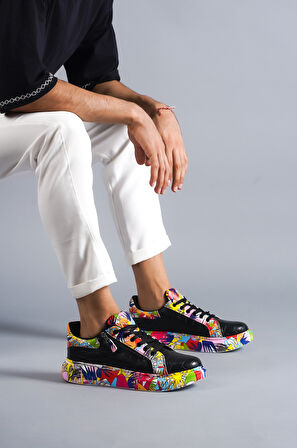 J02 Bağcıklı Timsah Desenli Kırmızı Baskılı Ortopedik Taban Erkek Spor Sneaker Ayakkabı BT Siyah