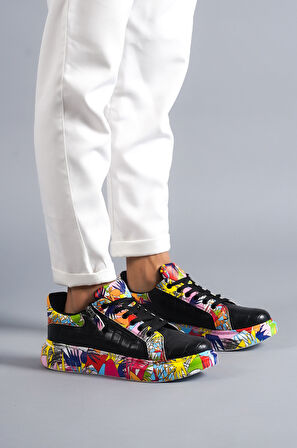 J02 Bağcıklı Timsah Desenli Kırmızı Baskılı Ortopedik Taban Erkek Spor Sneaker Ayakkabı BT Siyah