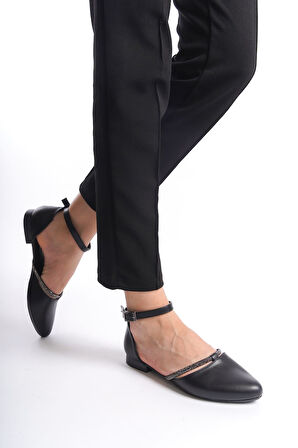 AURORA Tokalı Ortopedik Rahat Taban Taş Detaylı Kadın Babet Ayakkabı ST Siyah