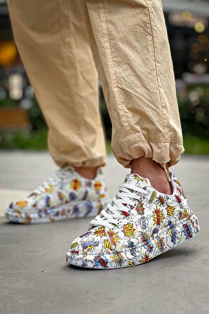 J-X500 Bağcıklı Boom Baskılı Ortopedik Taban Günlük Erkek Spor Sneaker Ayakkabı BT Beyaz