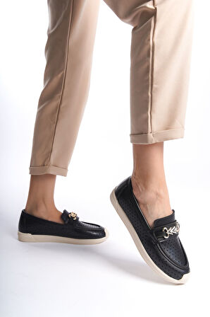 HIRA Bağcıksız Ortopedik Rahat Taban Kalp Desenli Kadın Babet Ayakkabı KT Siyah