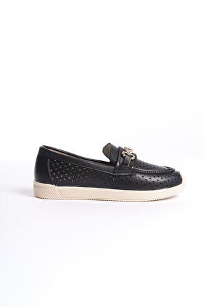 HIRA Bağcıksız Ortopedik Rahat Taban Kalp Desenli Kadın Babet Ayakkabı KT Siyah