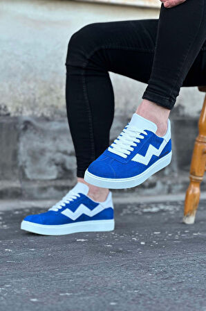 J160 Bağcıklı Ortopedik Taban Süet Erkek Sneaker Günlük Ayakkabı BT Mavi/Beyaz