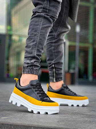 J056 Bağcıklı Ortopedik Taban Günlük Cilt Süet Erkek Spor Sneaker Ayakkabı BT Siyah/Sarı