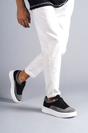 J005 Bağcıklı Ortopedik Taban Süet Günlük Erkek Spor Sneaker Ayakkabı BT Siyah/Gri