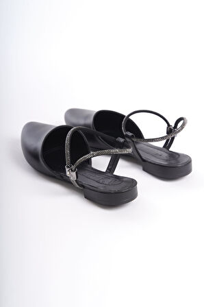 CELINE Lastikli Ortopedik Rahat Taban Bilekten Taş Detaylı Kadın Babet Ayakkabı ST Siyah