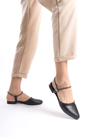 CELINE Lastikli Ortopedik Rahat Taban Bilekten Taş Detaylı Kadın Babet Ayakkabı ST Siyah