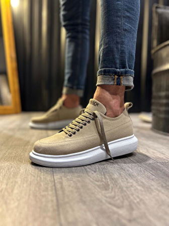 J814 Bağcıklı Ortopedik Taban Erkek Günlük Süet Sneaker Spor Ayakkabı BT Vizon