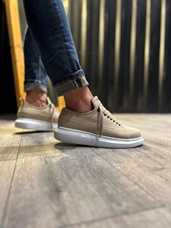 J814 Bağcıklı Ortopedik Taban Erkek Günlük Süet Sneaker Spor Ayakkabı BT Vizon