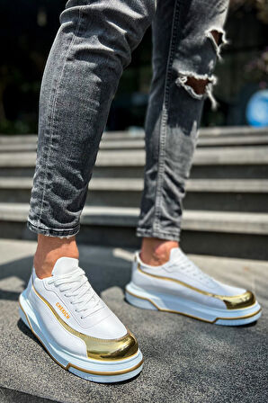 J041 Renaissance Ortopedik Taban Günlük Cilt Erkek Sneaker Spor Ayakkabı CBT Beyaz/Altın