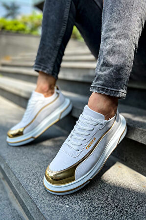 J041 Renaissance Ortopedik Taban Günlük Cilt Erkek Sneaker Spor Ayakkabı CBT Beyaz/Altın