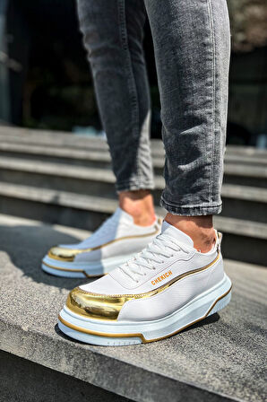 J041 Renaissance Ortopedik Taban Günlük Cilt Erkek Sneaker Spor Ayakkabı CBT Beyaz/Altın