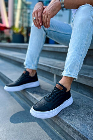 J115 Literide Ortopedik Taban Günlük Cilt Erkek Sneaker Spor Ayakkabı CBT Siyah