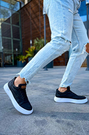 J115 Literide Ortopedik Taban Günlük Cilt Erkek Sneaker Spor Ayakkabı CBT Siyah