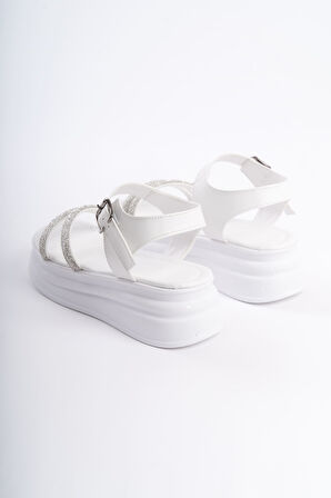 ESME Kalın Tokalı Taşlı Şeritli Ortopedik Taban Kadın Sandalet BT Beyaz