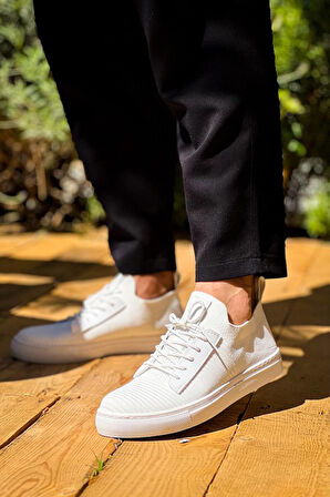 J110 Bağcıklı Ortopedik Taban Triko Erkek Spor Sneaker Ayakkabı BT Beyaz