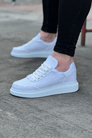 J018 Bağcıklı Ortopedik Taban Kot Kumaş Erkek Sneaker Günlük Ayakkabı BT Beyaz