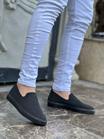 J114 Bağcıklı Ortopedik Taban Triko Erkek Spor Sneaker Ayakkabı ST Siyah