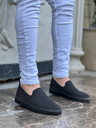 J114 Bağcıklı Ortopedik Taban Triko Erkek Spor Sneaker Ayakkabı ST Siyah