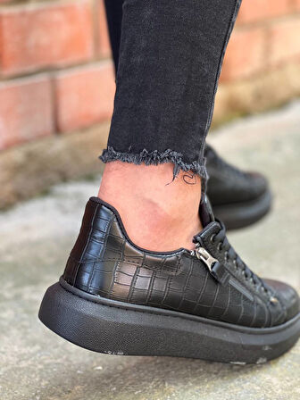 J-309 Bağcıklı Fermuarlı Ortopedik Taban Günlük Erkek Spor Sneaker Ayakkabı ST Siyah