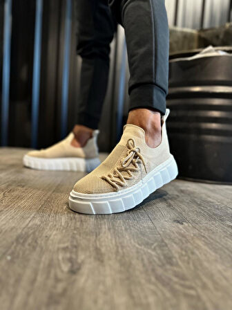 J1025 Bağcıklı Lastikli Ortopedik Taban Erkek Günlük Triko Sneaker Spor Ayakkabı BT Vizon