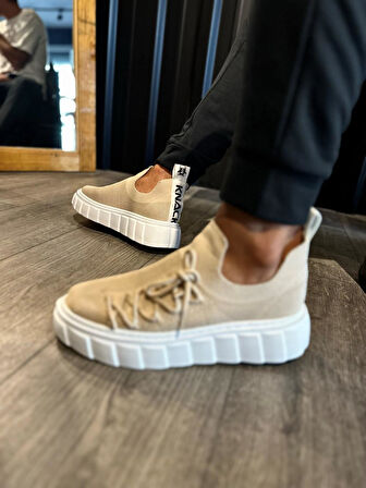 J1025 Bağcıklı Lastikli Ortopedik Taban Erkek Günlük Triko Sneaker Spor Ayakkabı BT Vizon