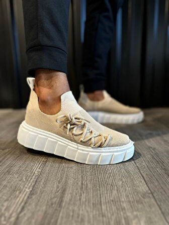J1025 Bağcıklı Lastikli Ortopedik Taban Erkek Günlük Triko Sneaker Spor Ayakkabı BT Vizon