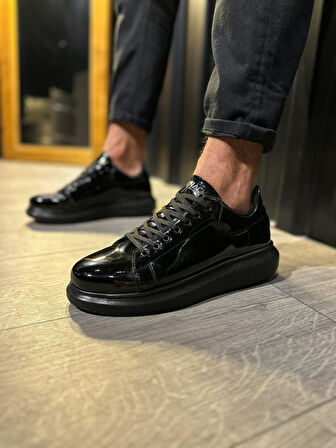 J044 Bağcıklı Ortopedik Taban Erkek Günlük Rugan Sneaker Spor Ayakkabı ST Siyah