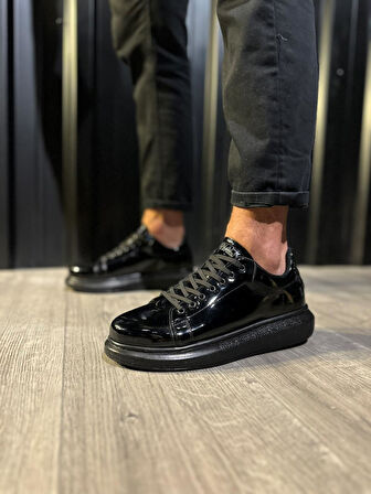 J044 Bağcıklı Ortopedik Taban Erkek Günlük Rugan Sneaker Spor Ayakkabı ST Siyah