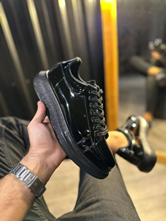 J044 Bağcıklı Ortopedik Taban Erkek Günlük Rugan Sneaker Spor Ayakkabı ST Siyah