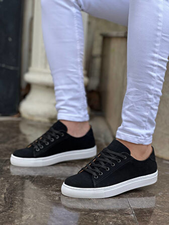 J122 Bağcıklı Ortopedik Taban Günlük Süet Erkek Spor Sneaker Ayakkabı BT Siyah