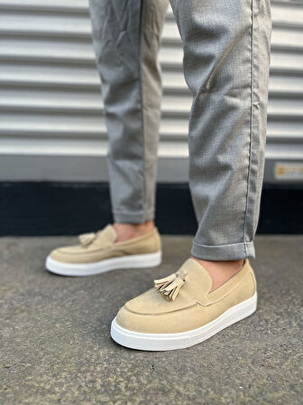 JY153 Bloom Bağcıksız Püsküllü Süet Erkek Günlük Spor Klasik Ayakkabı SBT - Krem