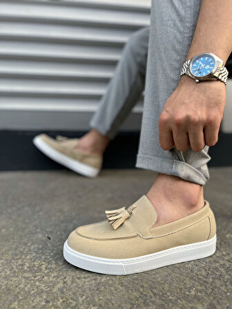 JY153 Bloom Bağcıksız Püsküllü Süet Erkek Günlük Spor Klasik Ayakkabı SBT - Krem