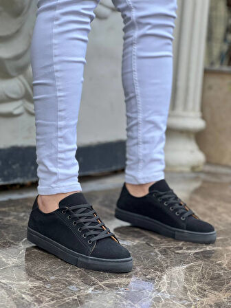 J122 Bağcıklı Ortopedik Taban Günlük Süet Erkek Spor Sneaker Ayakkabı ST Siyah